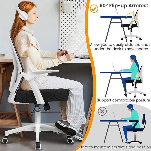 Alt view image 4 of 7 - Topeakmart Office Chair Ergonomic Desk Chair with Adjustable Lumbar Support, Mid Back Mesh Computer Chair with Flip-up Armrests Task Chairs, Executive Chair for Home Office, White