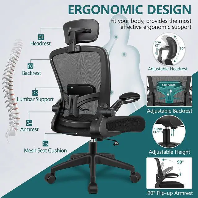 Alt view image 2 of 7 - FelixKing Ergonomic Office Chair, Headrest Desk Chair Office Chair with Adjustable Lumbar Support, Home Office Swivel Task Chair with High Back and Armrest, Adjustable Height Gaming Chair(Black)