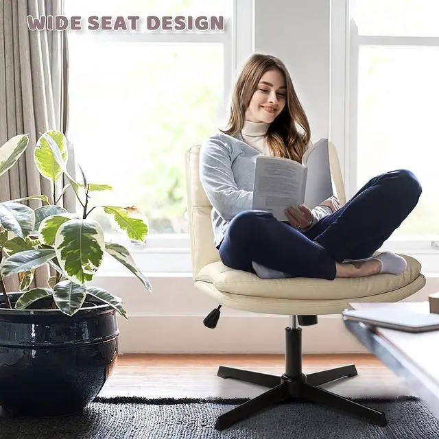 Alt view image 2 of 7 - LEMBERI PU Leather Armless Office Desk Chair No Wheels,Criss Cross Legged Home Office Wide Padded Swivel vanity chair,120°Rocking Mid Back Ergonomic Computer Task Chair for Make Up,Small Space