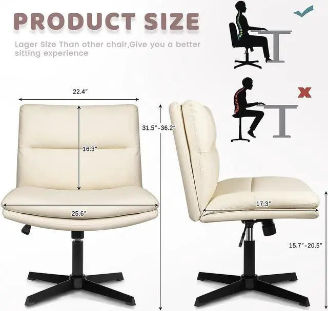 Alt view image 6 of 7 - LEMBERI PU Leather Armless Office Desk Chair No Wheels,Criss Cross Legged Home Office Wide Padded Swivel vanity chair,120°Rocking Mid Back Ergonomic Computer Task Chair for Make Up,Small Space