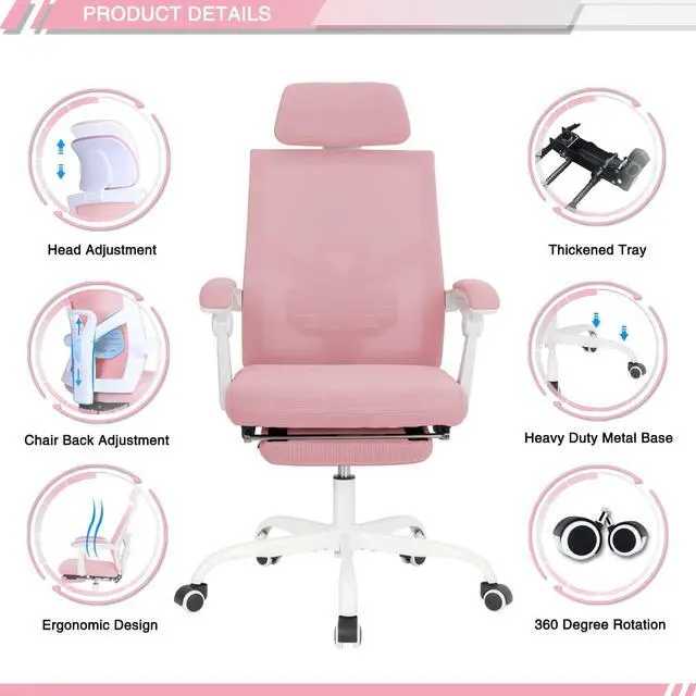Alt view image 4 of 7 - Qulomvs Mesh Ergonomic Office Task Chair with Footrest, Headrest and Backrest 90-135 Adjustable Computer Executive Home Desk Chair with Wheels 360 Swivel