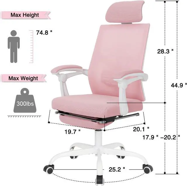 Alt view image 5 of 7 - Qulomvs Mesh Ergonomic Office Task Chair with Footrest, Headrest and Backrest 90-135 Adjustable Computer Executive Home Desk Chair with Wheels 360 Swivel