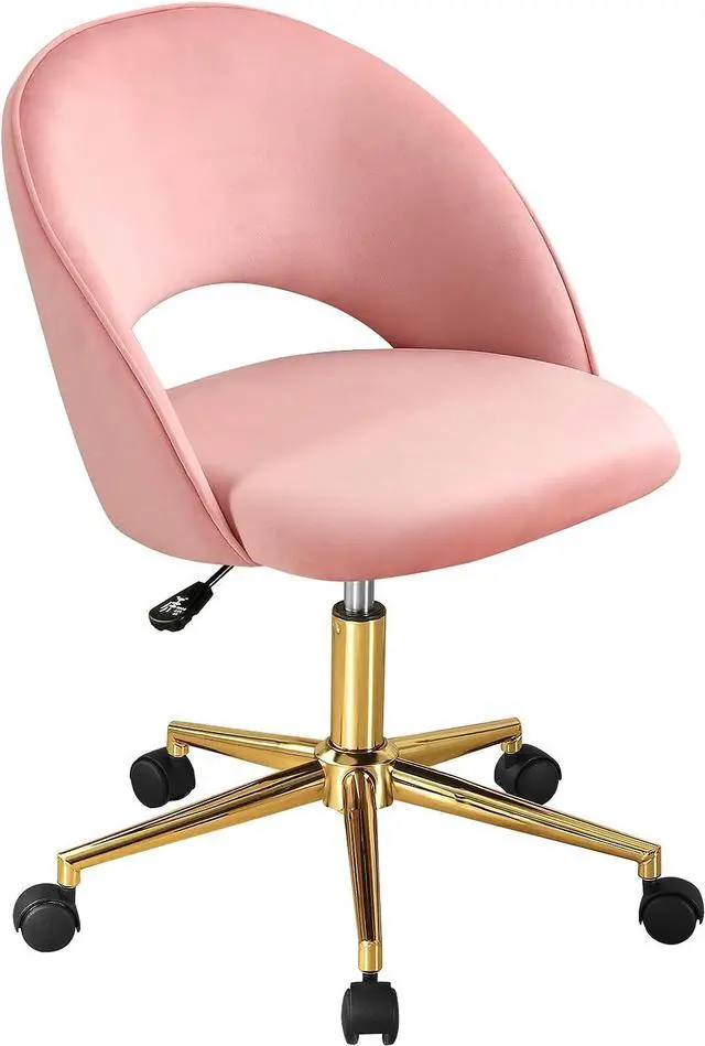 Alt view image 2 of 7 - Furniliving Velvet Home Swivel Office/Computer Chair with Wheels, Armless Cute Desk Upholstered Task Chair with Gold Metal Base, Adjustable Accent Chair for Living Room Makeup Room (Pink)