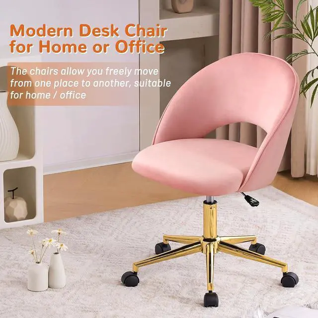 Alt view image 6 of 7 - Furniliving Velvet Home Swivel Office/Computer Chair with Wheels, Armless Cute Desk Upholstered Task Chair with Gold Metal Base, Adjustable Accent Chair for Living Room Makeup Room (Pink)