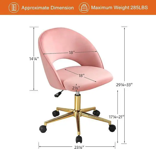 Alt view image 4 of 7 - Furniliving Velvet Home Swivel Office/Computer Chair with Wheels, Armless Cute Desk Upholstered Task Chair with Gold Metal Base, Adjustable Accent Chair for Living Room Makeup Room (Pink)
