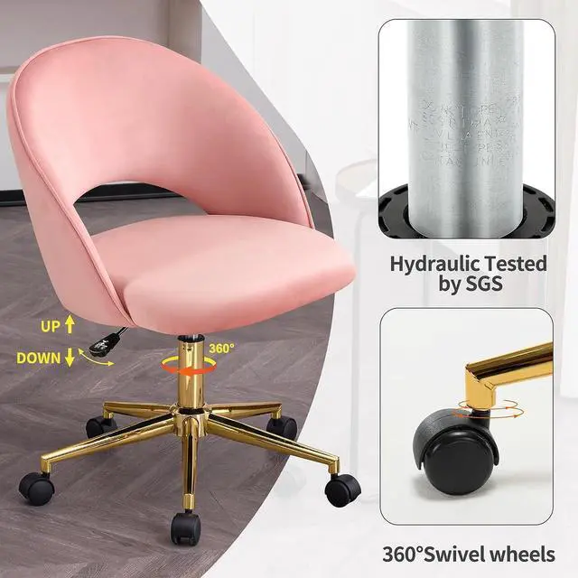 Alt view image 3 of 7 - Furniliving Velvet Home Swivel Office/Computer Chair with Wheels, Armless Cute Desk Upholstered Task Chair with Gold Metal Base, Adjustable Accent Chair for Living Room Makeup Room (Pink)