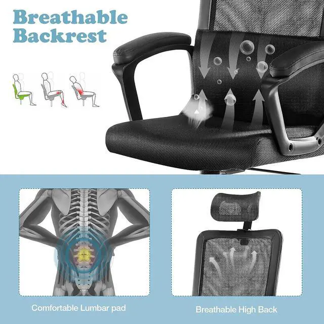 Alt view image 3 of 7 - Ergonomic Office Chair - High Back Breathable Mesh Desk Chair with Adjustable Headrest, Rolling Swivel Computer Task Chair Home Office Chairs with 3D Adjustable Support Armrest