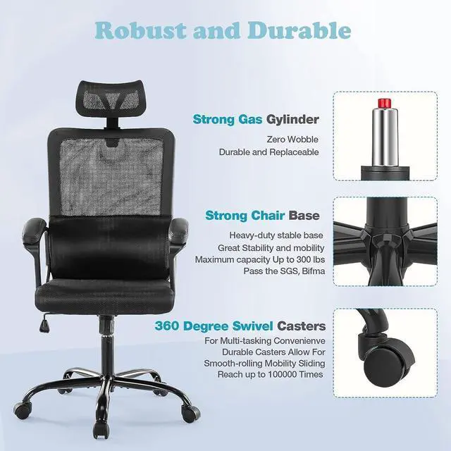 Alt view image 6 of 7 - Ergonomic Office Chair - High Back Breathable Mesh Desk Chair with Adjustable Headrest, Rolling Swivel Computer Task Chair Home Office Chairs with 3D Adjustable Support Armrest