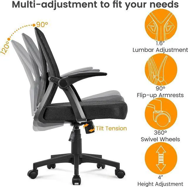 Alt view image 7 of 7 - Yaheetech Home Office Chair Work Desk Chair Swivel Computer Mesh Chair with Flip-up Arms Adjustable Height Lumbar Support Executive Office Task Chair for Home Office Students Study, Black