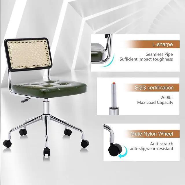 Alt view image 3 of 6 - Zesthouse Mid Century Home Office Chair Leather Desk Chair with Rattan Back, Vanity Chair for Girl Women, Upholstered Tufted Swivel Chair for Bedroom Living Room,Height Adjustable Computer Task Chair