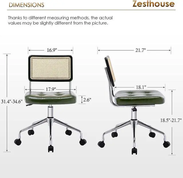 Alt view image 5 of 6 - Zesthouse Mid Century Home Office Chair Leather Desk Chair with Rattan Back, Vanity Chair for Girl Women, Upholstered Tufted Swivel Chair for Bedroom Living Room,Height Adjustable Computer Task Chair