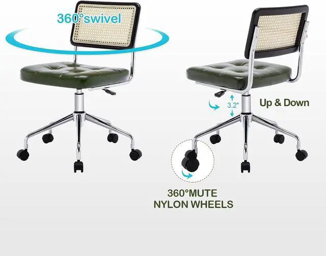 Alt view image 4 of 6 - Zesthouse Mid Century Home Office Chair Leather Desk Chair with Rattan Back, Vanity Chair for Girl Women, Upholstered Tufted Swivel Chair for Bedroom Living Room,Height Adjustable Computer Task Chair