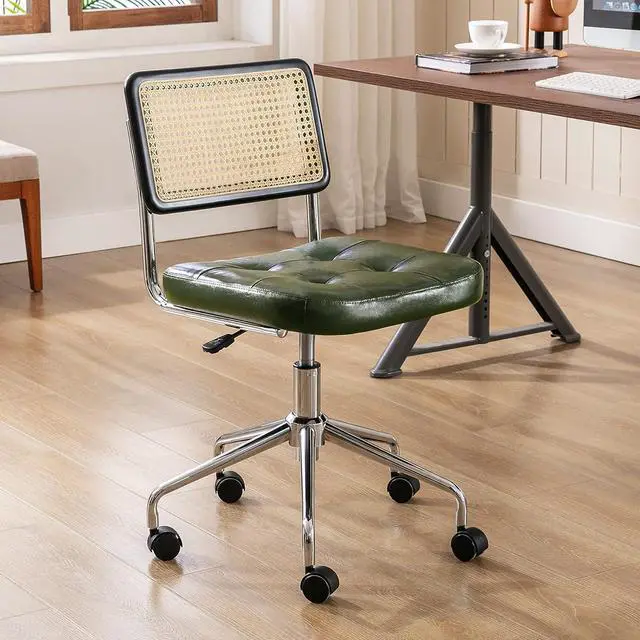 Alt view image 6 of 6 - Zesthouse Mid Century Home Office Chair Leather Desk Chair with Rattan Back, Vanity Chair for Girl Women, Upholstered Tufted Swivel Chair for Bedroom Living Room,Height Adjustable Computer Task Chair