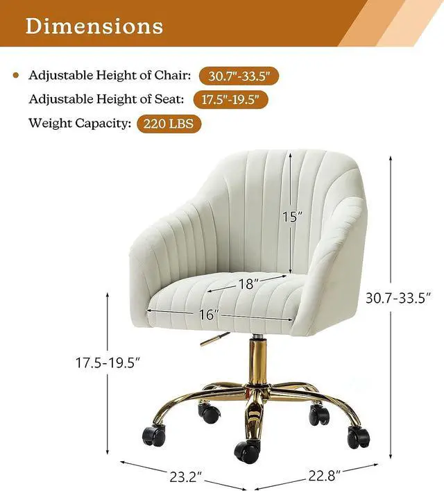 Alt view image 6 of 6 - HULALA HOME Velvet Home Office Desk Chair, Modern Cute Computer Task Chair, Wheels Swivel Height Adjustable Upholstered Vanity Chair for Women, Girls (Gold Base, Ivory)