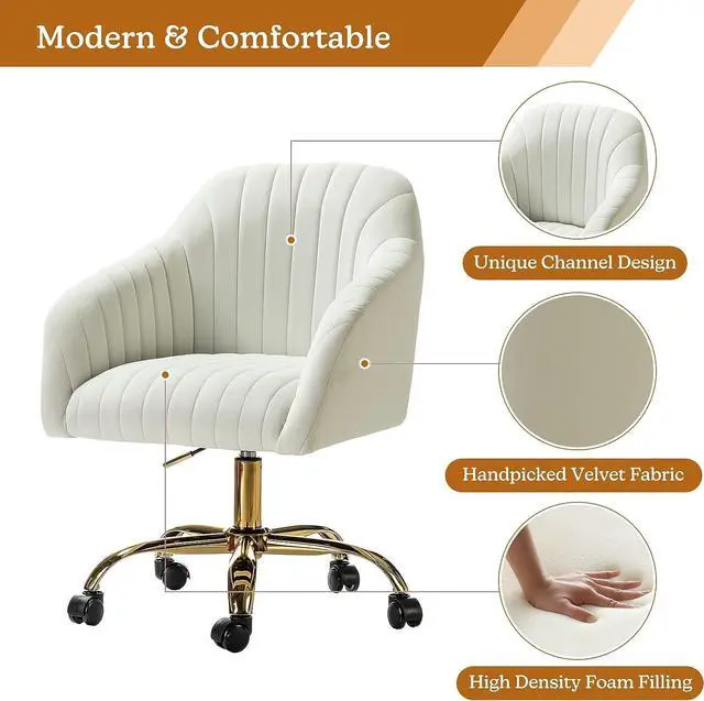 Alt view image 5 of 6 - HULALA HOME Velvet Home Office Desk Chair, Modern Cute Computer Task Chair, Wheels Swivel Height Adjustable Upholstered Vanity Chair for Women, Girls (Gold Base, Ivory)
