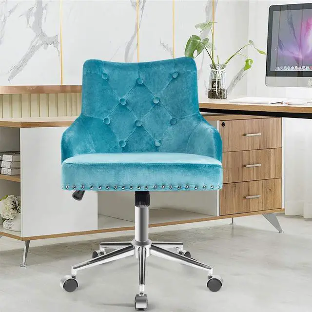 Alt view image 2 of 7 - Giantex Modern Home Office Chair, Tufted Velvet Swivel Armchair, Mid-back Velvet Office Chair with Soft Seat, Adjustable Task Chair Computer Desk Chair for Living Room Bedroom Study (Turquoise)