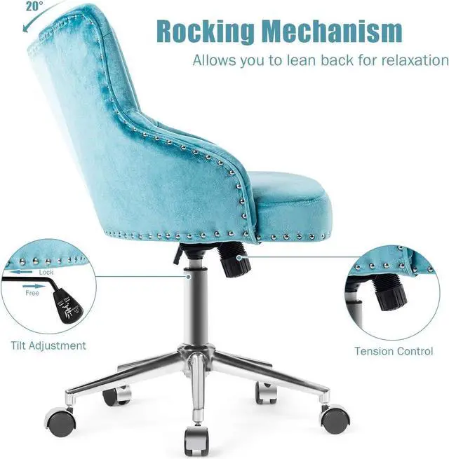 Alt view image 4 of 7 - Giantex Modern Home Office Chair, Tufted Velvet Swivel Armchair, Mid-back Velvet Office Chair with Soft Seat, Adjustable Task Chair Computer Desk Chair for Living Room Bedroom Study (Turquoise)