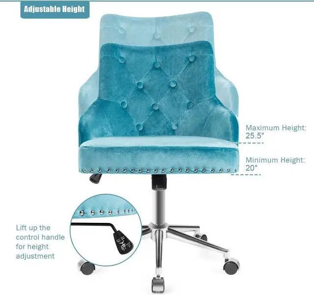 Alt view image 5 of 7 - Giantex Modern Home Office Chair, Tufted Velvet Swivel Armchair, Mid-back Velvet Office Chair with Soft Seat, Adjustable Task Chair Computer Desk Chair for Living Room Bedroom Study (Turquoise)