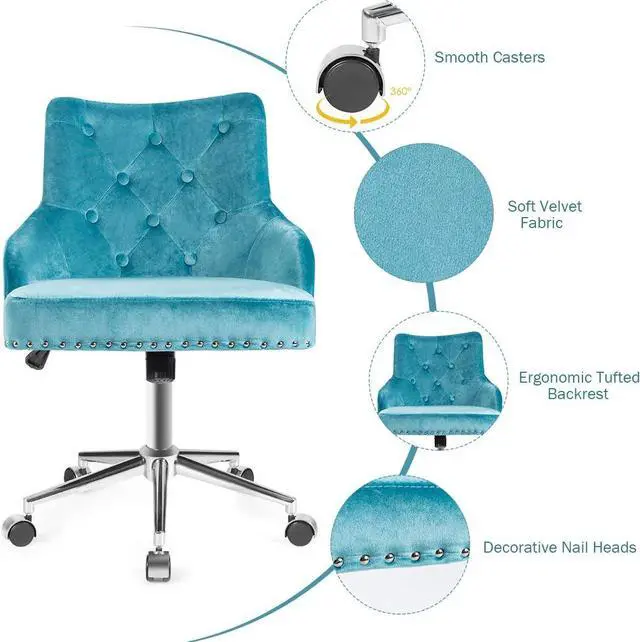 Alt view image 6 of 7 - Giantex Modern Home Office Chair, Tufted Velvet Swivel Armchair, Mid-back Velvet Office Chair with Soft Seat, Adjustable Task Chair Computer Desk Chair for Living Room Bedroom Study (Turquoise)