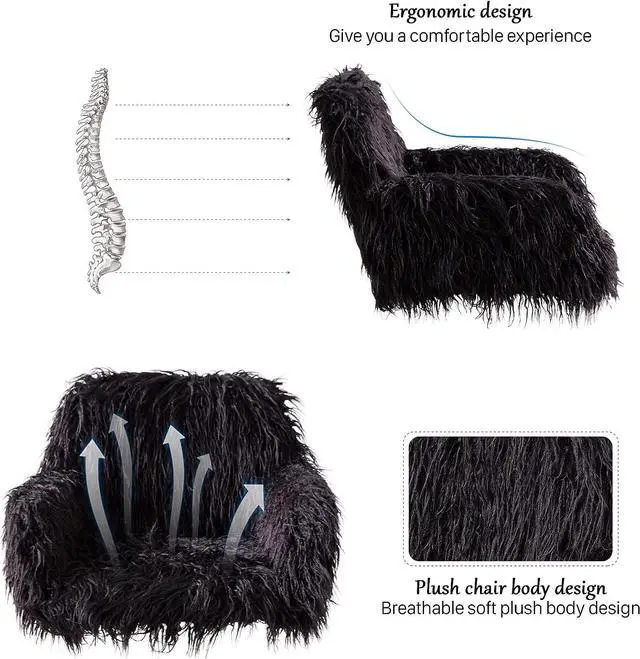 Alt view image 3 of 7 - KCC Fluffy Office Desk Chair, Faux Fur Modern Swivel Armchair with Wheels, Soft Comfy Fuzzy Elegant Accent Makeup Vanity Chairs for Women Girls, Home Living Dressing Room Bedroom, Black