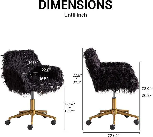 Alt view image 5 of 7 - KCC Fluffy Office Desk Chair, Faux Fur Modern Swivel Armchair with Wheels, Soft Comfy Fuzzy Elegant Accent Makeup Vanity Chairs for Women Girls, Home Living Dressing Room Bedroom, Black