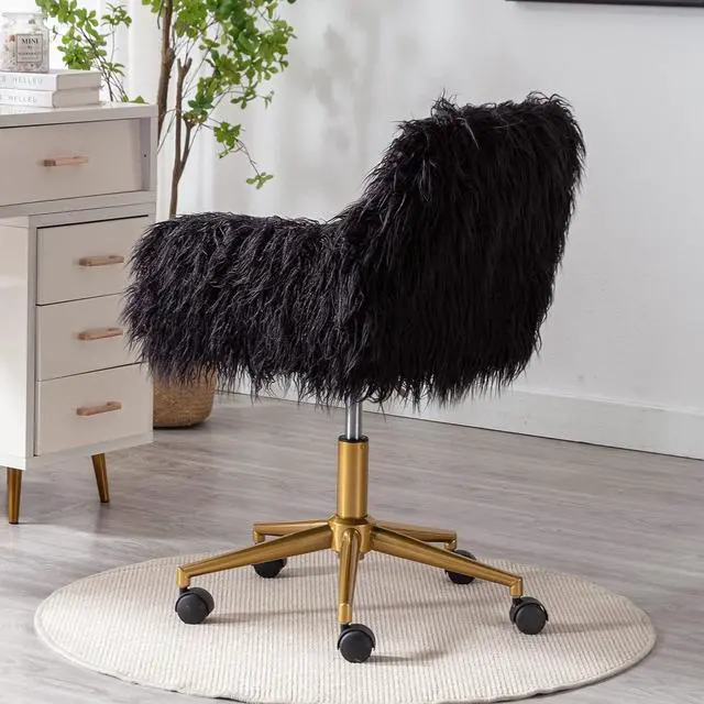 Alt view image 6 of 7 - KCC Fluffy Office Desk Chair, Faux Fur Modern Swivel Armchair with Wheels, Soft Comfy Fuzzy Elegant Accent Makeup Vanity Chairs for Women Girls, Home Living Dressing Room Bedroom, Black