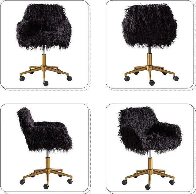Alt view image 4 of 7 - KCC Fluffy Office Desk Chair, Faux Fur Modern Swivel Armchair with Wheels, Soft Comfy Fuzzy Elegant Accent Makeup Vanity Chairs for Women Girls, Home Living Dressing Room Bedroom, Black