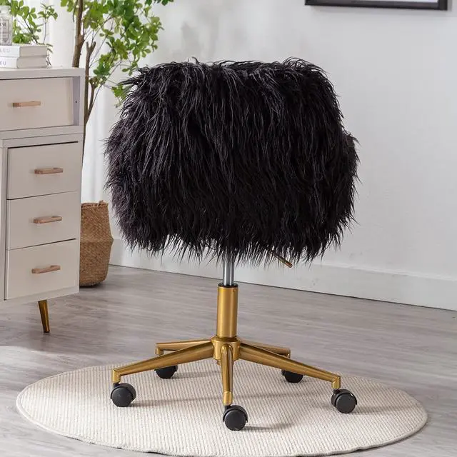 Alt view image 7 of 7 - KCC Fluffy Office Desk Chair, Faux Fur Modern Swivel Armchair with Wheels, Soft Comfy Fuzzy Elegant Accent Makeup Vanity Chairs for Women Girls, Home Living Dressing Room Bedroom, Black