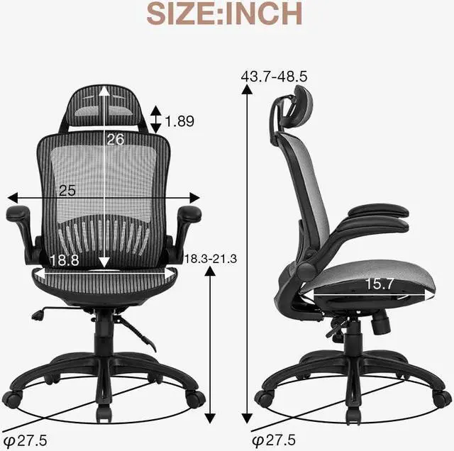Alt view image 3 of 7 - Office Chair Ergonomic Desk Chair Mesh Computer Chair with Lumbar Support Headrest Flip UP Arms Rolling Swivel Adjustable Task Chair for Adults(Grey)
