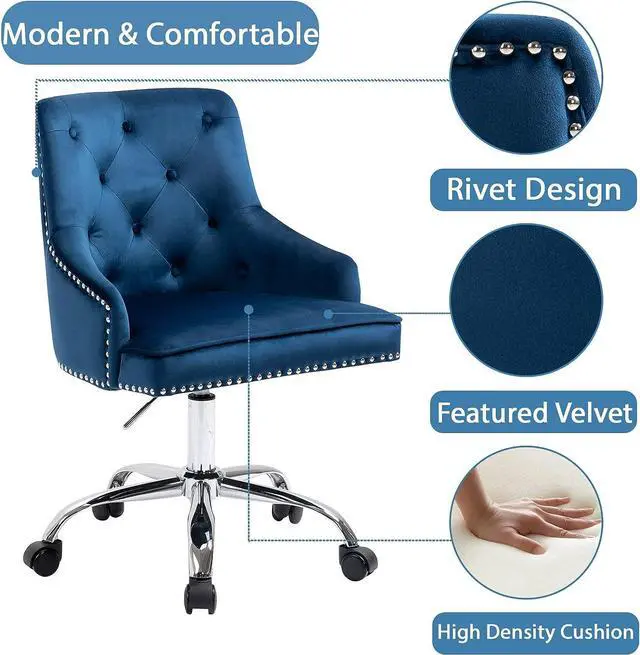 Alt view image 6 of 7 - LOVSPATIO Modern Velvet Home Office Chair,Swivel Adjustable Accent Vanity Chair with Arms Nailhead Trim for Bedroom Living Room Office(Blue)