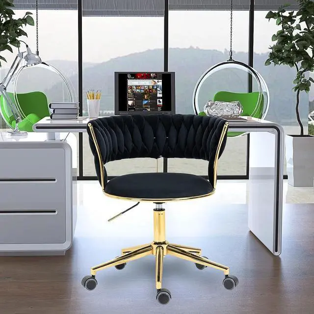 Alt view image 2 of 7 - Yoluckea Velvet Office Chair Adjustable Height Swivel Modern Home Office Chair Weave Back Vanity Chair Desk Chair Computer Chair on Wheels Upholstered Task Chair Accent Chair Executive Chair (Black)