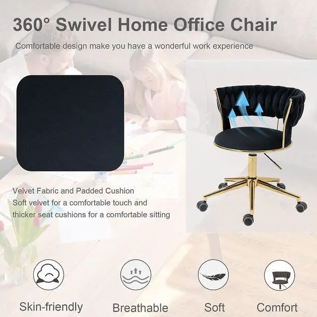Alt view image 3 of 7 - Yoluckea Velvet Office Chair Adjustable Height Swivel Modern Home Office Chair Weave Back Vanity Chair Desk Chair Computer Chair on Wheels Upholstered Task Chair Accent Chair Executive Chair (Black)