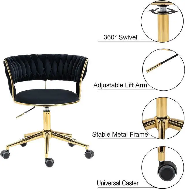 Alt view image 5 of 7 - Yoluckea Velvet Office Chair Adjustable Height Swivel Modern Home Office Chair Weave Back Vanity Chair Desk Chair Computer Chair on Wheels Upholstered Task Chair Accent Chair Executive Chair (Black)