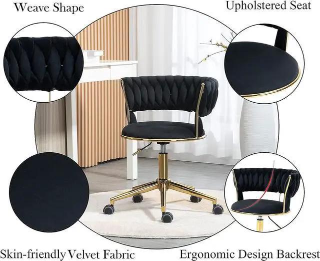 Alt view image 4 of 7 - Yoluckea Velvet Office Chair Adjustable Height Swivel Modern Home Office Chair Weave Back Vanity Chair Desk Chair Computer Chair on Wheels Upholstered Task Chair Accent Chair Executive Chair (Black)