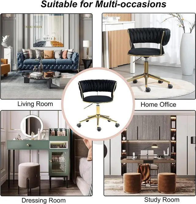 Alt view image 6 of 7 - Yoluckea Velvet Office Chair Adjustable Height Swivel Modern Home Office Chair Weave Back Vanity Chair Desk Chair Computer Chair on Wheels Upholstered Task Chair Accent Chair Executive Chair (Black)