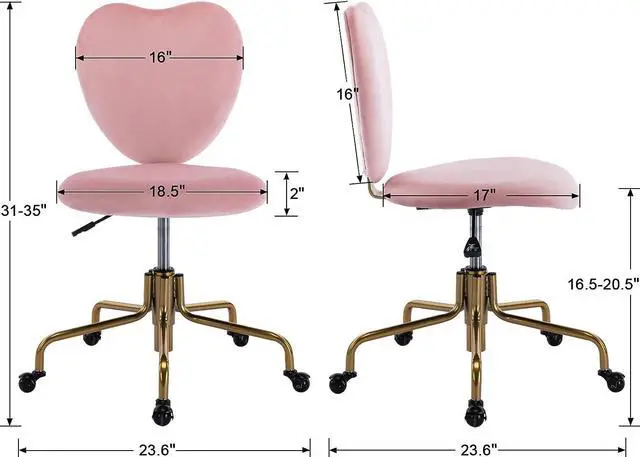 Alt view image 5 of 6 - HNY Hi&Yeah Velvet Cute Desk Chair with Wheels, Comfortable Armless Home Office Chairs Heart Backrest, Adjustable Height Upholstered Swivel Accent Vanity Chair, Pink