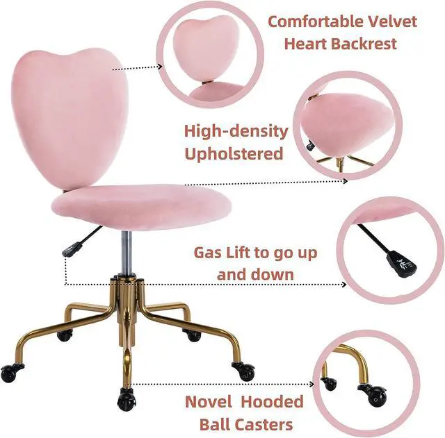 Alt view image 3 of 6 - HNY Hi&Yeah Velvet Cute Desk Chair with Wheels, Comfortable Armless Home Office Chairs Heart Backrest, Adjustable Height Upholstered Swivel Accent Vanity Chair, Pink