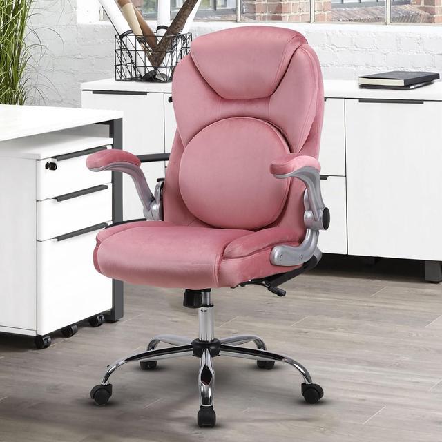 REFICCER Velvet Office Chairs, Executive Chair with Lumbar Support, 90°  -120° Rocking Ergonomic Home Office Desk Chair with Wheels and Flip-up  Armrs, High Back Support Work Chairs (Pink) 