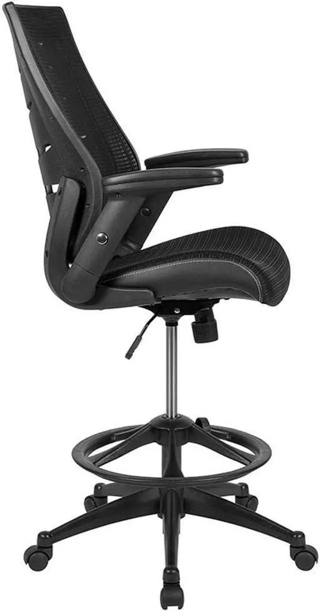 Alt view image 3 of 7 - Flash Furniture Kale High Back Black Mesh Spine-Back Ergonomic Drafting Chair with Adjustable Foot Ring and Adjustable Flip-Up Arms
