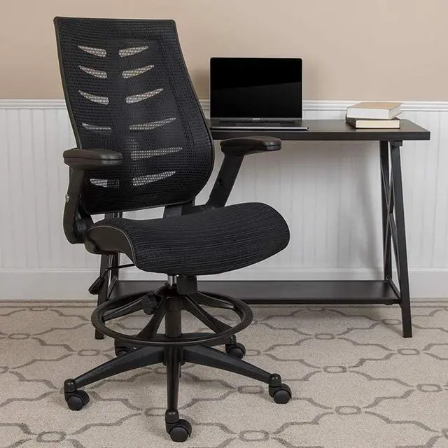 Alt view image 2 of 7 - Flash Furniture Kale High Back Black Mesh Spine-Back Ergonomic Drafting Chair with Adjustable Foot Ring and Adjustable Flip-Up Arms