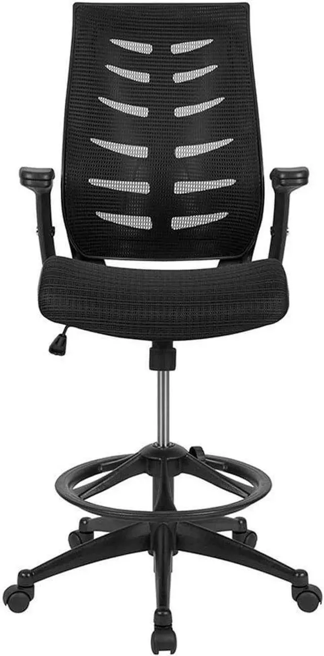 Alt view image 5 of 7 - Flash Furniture Kale High Back Black Mesh Spine-Back Ergonomic Drafting Chair with Adjustable Foot Ring and Adjustable Flip-Up Arms