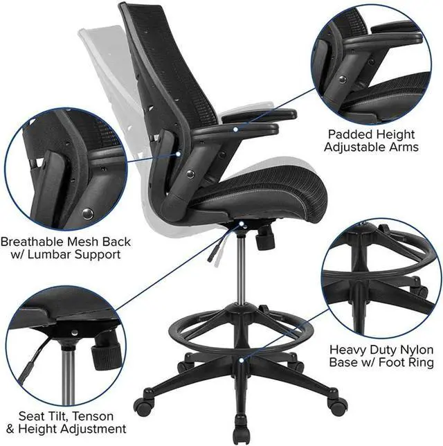 Alt view image 6 of 7 - Flash Furniture Kale High Back Black Mesh Spine-Back Ergonomic Drafting Chair with Adjustable Foot Ring and Adjustable Flip-Up Arms
