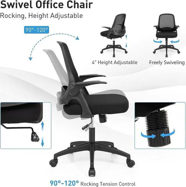 Alt view image 2 of 7 - COSTWAY Mesh Office Chair, Adjustable Swivel Executive Chair with Flip-up Armrest, Lumbar Support and Rocking Backrest, Ergonomic Breathable Computer Desk Chair for Home Office (Black)