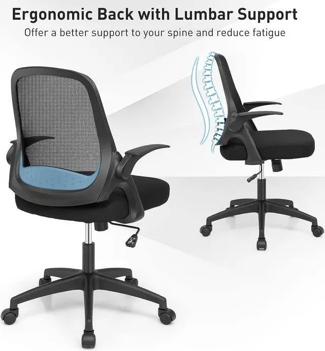 Alt view image 4 of 7 - COSTWAY Mesh Office Chair, Adjustable Swivel Executive Chair with Flip-up Armrest, Lumbar Support and Rocking Backrest, Ergonomic Breathable Computer Desk Chair for Home Office (Black)