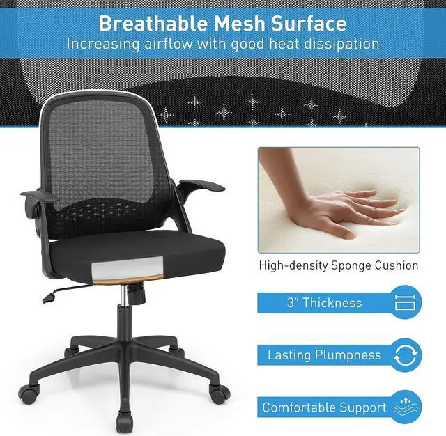 Alt view image 5 of 7 - COSTWAY Mesh Office Chair, Adjustable Swivel Executive Chair with Flip-up Armrest, Lumbar Support and Rocking Backrest, Ergonomic Breathable Computer Desk Chair for Home Office (Black)