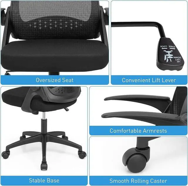 Alt view image 6 of 7 - COSTWAY Mesh Office Chair, Adjustable Swivel Executive Chair with Flip-up Armrest, Lumbar Support and Rocking Backrest, Ergonomic Breathable Computer Desk Chair for Home Office (Black)