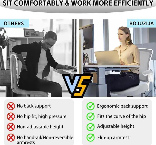 Alt view image 3 of 7 - BOJUZIJA Ergonomic Office Computer Desk Mesh Chair with Soft Cushion,Adjustable Height,Flip-up Armrest &Waist Support Function Swivel 360°for Home & Office(Grey)