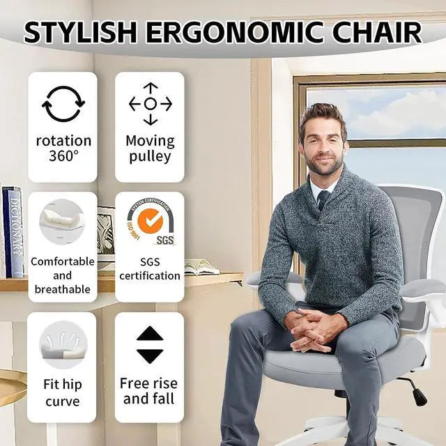 Alt view image 2 of 7 - BOJUZIJA Ergonomic Office Computer Desk Mesh Chair with Soft Cushion,Adjustable Height,Flip-up Armrest &Waist Support Function Swivel 360°for Home & Office(Grey)
