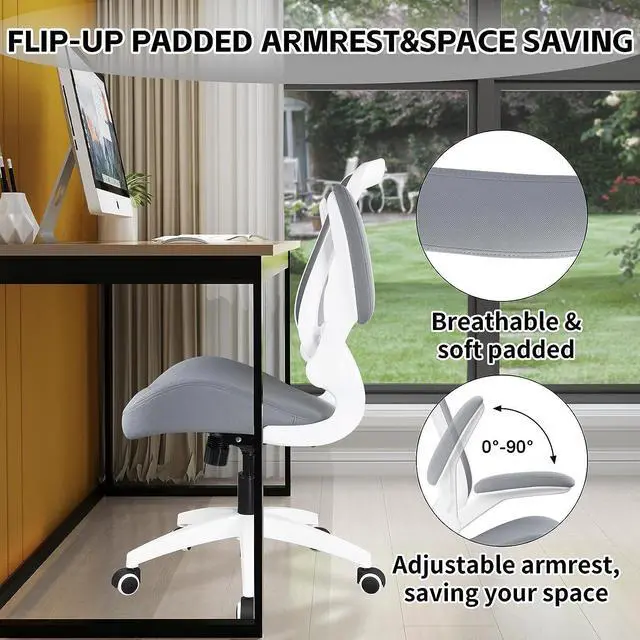 Alt view image 5 of 7 - BOJUZIJA Ergonomic Office Computer Desk Mesh Chair with Soft Cushion,Adjustable Height,Flip-up Armrest &Waist Support Function Swivel 360°for Home & Office(Grey)