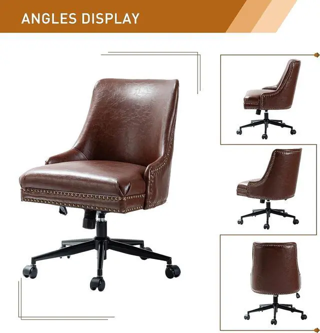 Alt view image 2 of 7 - Faux Leather Home Office Chair with Black Metal Base and Nailhead, Modern Comfy Ergonomic Desk Chair with Adjustable Height/Tilt, 360-Degree Swivel, Armless Cute Decoration Vanity Chair, Brown